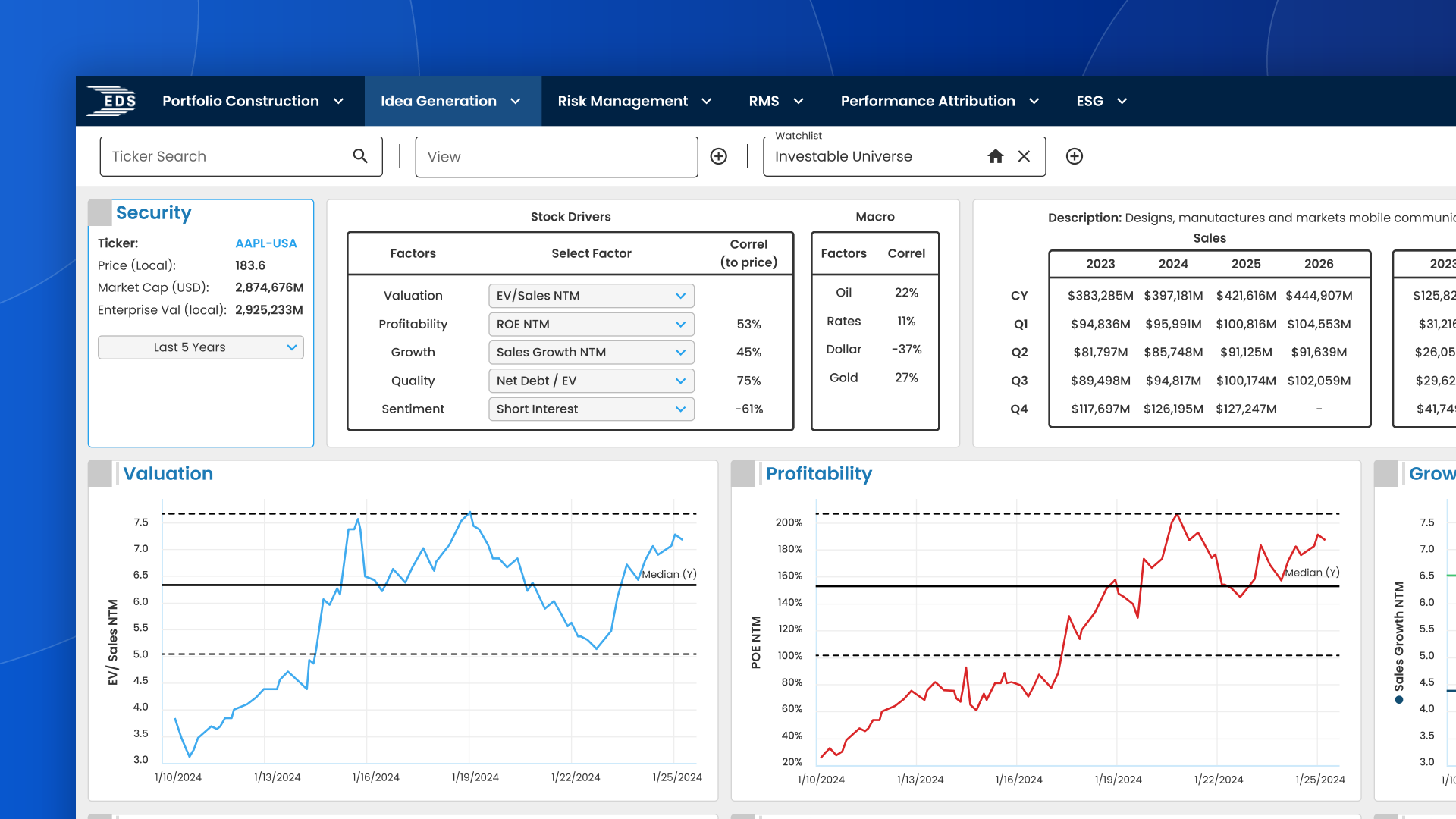 Image of the EDS idea generation solution interface, highlighting its key features for investment analytics.