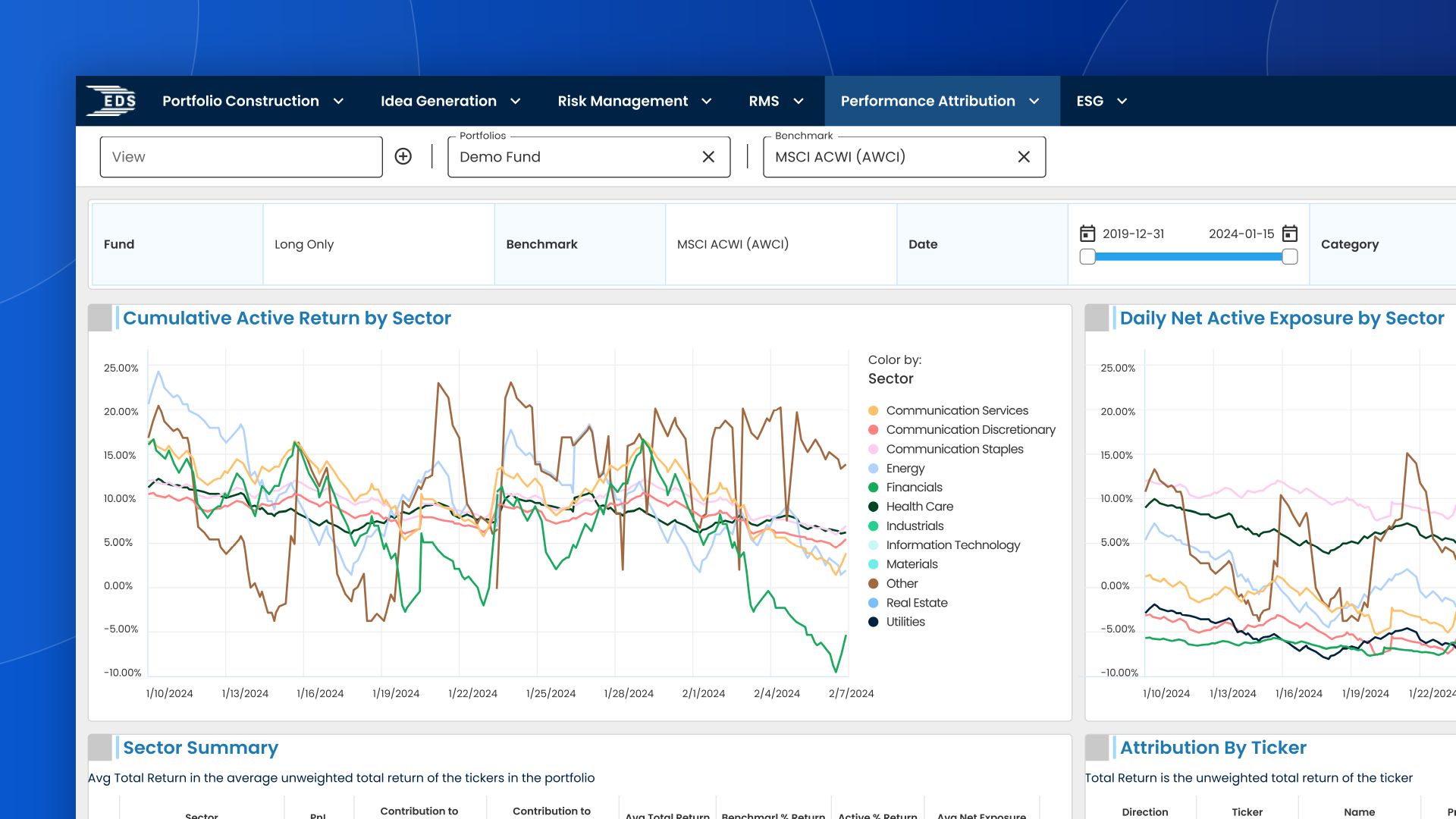 Image of the EDS performance attribution interface, displaying key metrics for investment analysis and portfolio performance.