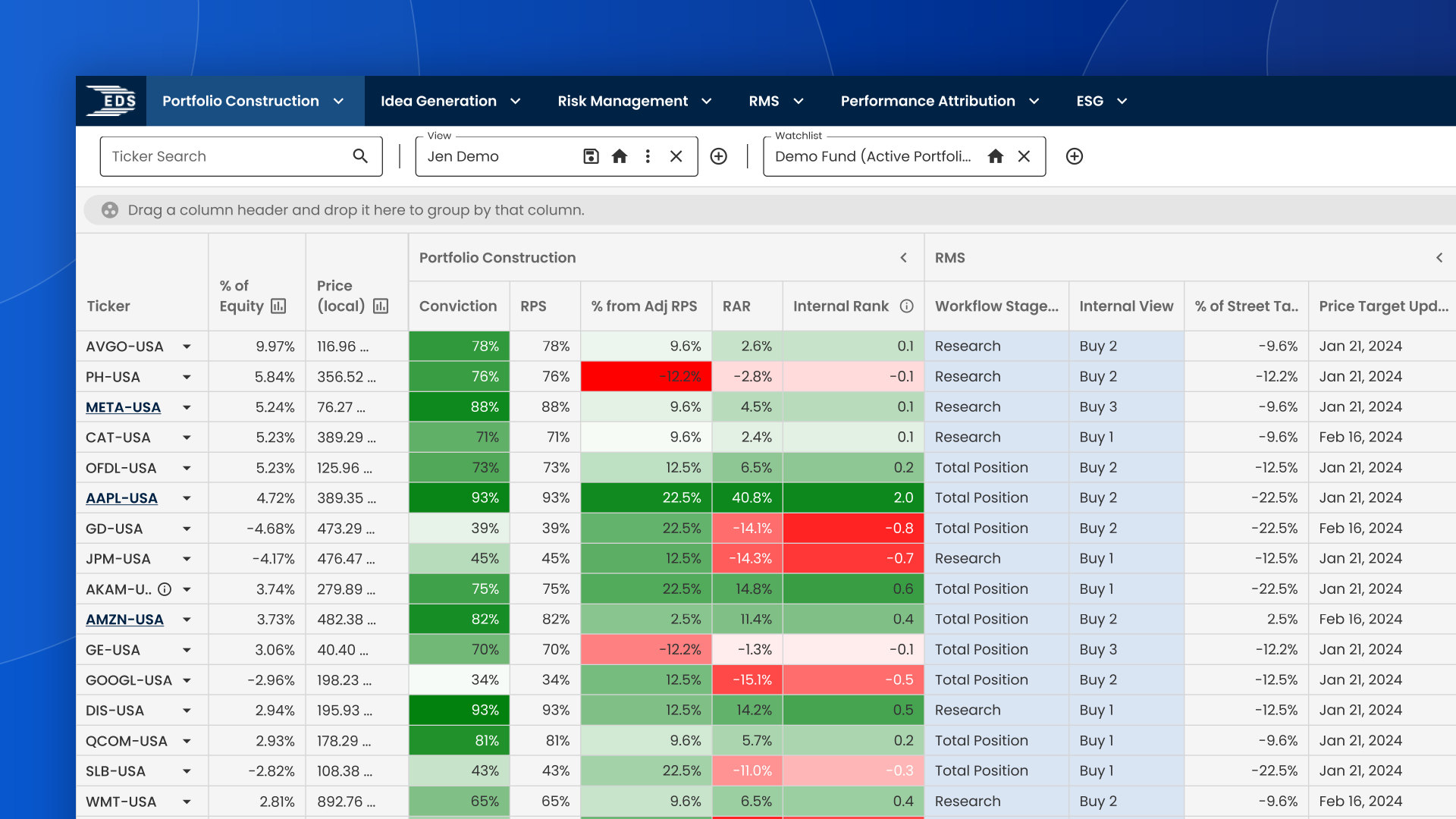 Image of the EDS portfolio construction interface, illustrating tools for building and optimizing investment portfolios.